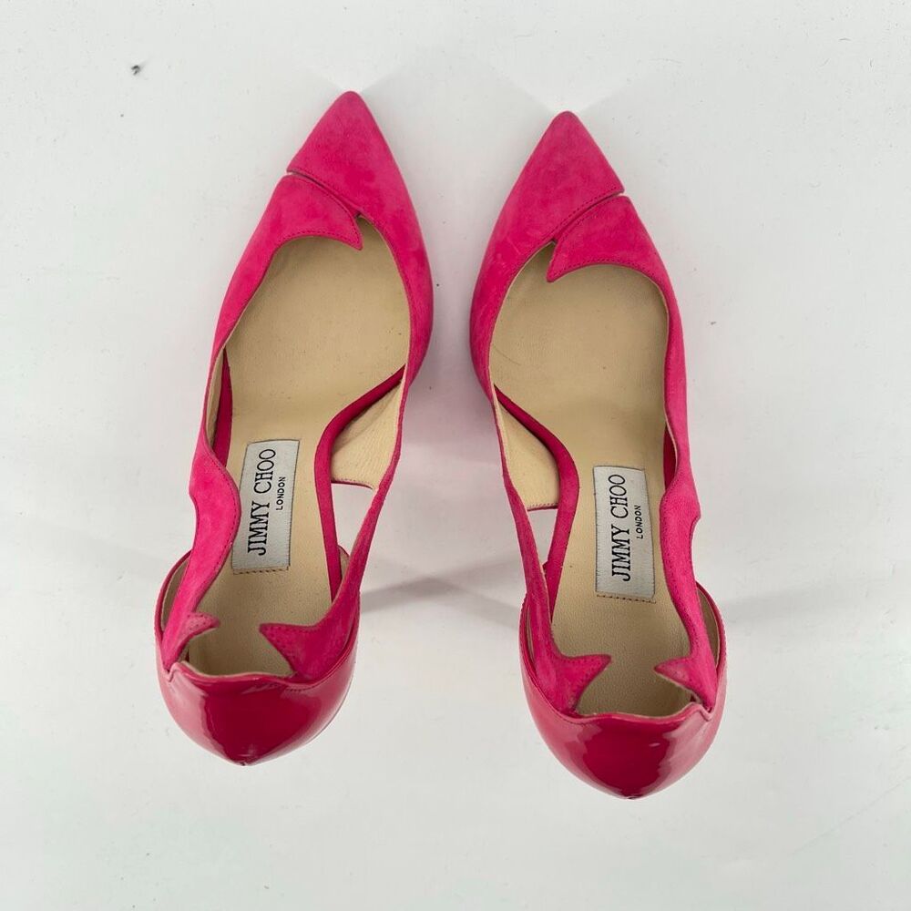 Jimmy Choo Saga 100 Pink Suede Patent Pointed Toe Pumps EU 37 US 7 - Picture 4 of 16